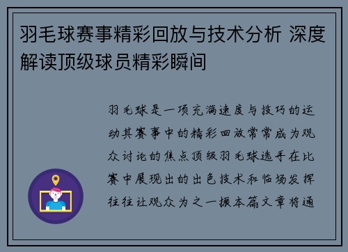羽毛球赛事精彩回放与技术分析 深度解读顶级球员精彩瞬间